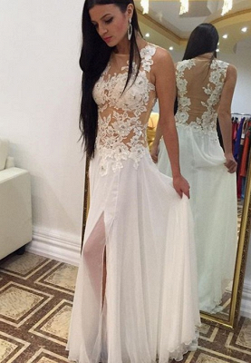 White Long Lace Chiffon Prom Dresses Beadings Appliques_1