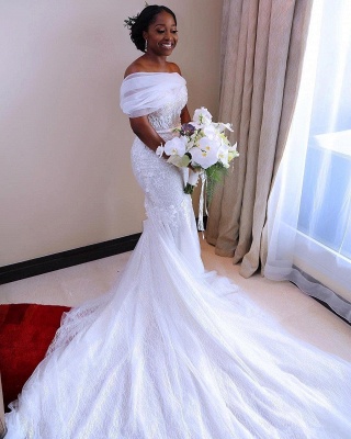 White Beading Mermaid Wedding Dresses Off the Shoulder Flowers