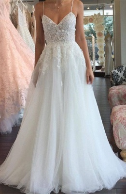 Sleeveless Lace Tulle Romantic Spaghetti-Strap A-line Wedding Dress_2