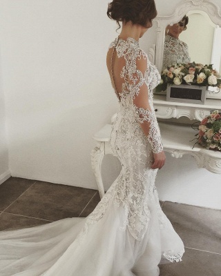 Gorgeous Crystals Mermaid Wedding Dresses | Long Sleeves Sheer Appliques Bridal Gowns_4