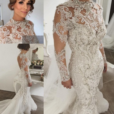 Gorgeous Crystals Mermaid Wedding Dresses | Long Sleeves Sheer Appliques Bridal Gowns_5