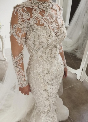 Gorgeous Crystals Mermaid Wedding Dresses | Long Sleeves Sheer Appliques Bridal Gowns_1