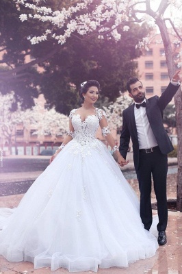 Lace Appliques Arabic Ball Gown Wedding Dresses Tulle Long Sleeves Vestidos_1