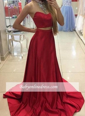 Halter Neck Crystals Red Long Eveing Gowns 2018 Sleeveless Two-Piece A-line Prom Dresses_3