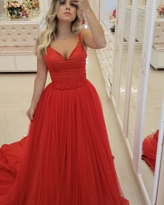 Elegant Red A-Line Prom Dresses | Spaghetti Straps Tulle Long Evening Dresses Sweep Train_5