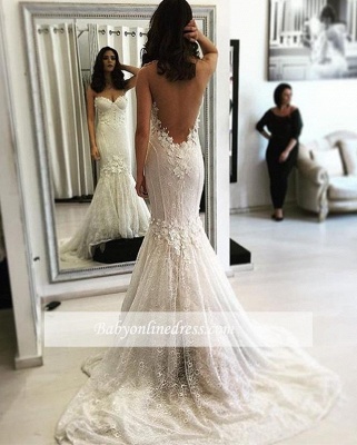 Sexy Sweetheart Mermaid Lace Sweep Train Backless Wedding Dresses_1