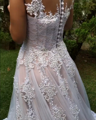 Luxury Pearls Wedding Reception Dress | Scoop Sleeveless Lace Appliques Bridal Gowns Sweep Train_5