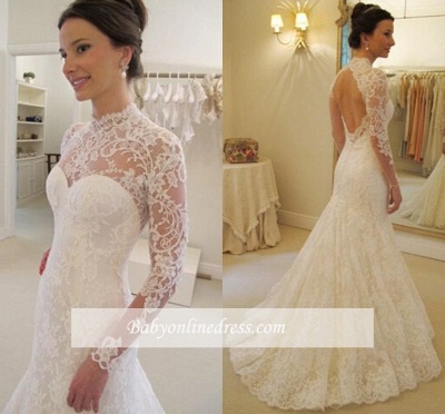 Backless Long Sleeves Elegant Lace Sweep Train Mermaid Wedding Dress_1