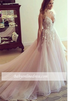 Pink Tulle A-Line Wedding Dresses Deep V-Neck Applique Chapel Train Long Bridal Dresses_1