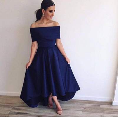 Off the Shoulder Bridesmaid Dresses Hi-Lo Blue Simple Prom Dresses_2