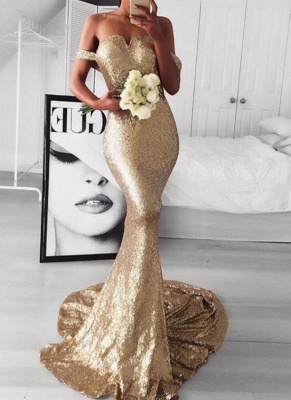 Gold Off-The-Should Mermaid Prom Dresses | Sexy Sequins Evening Dresses_1