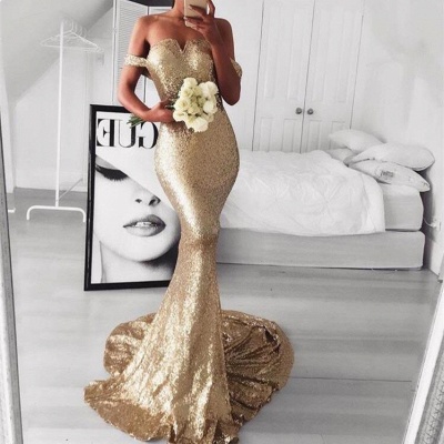 Gold Off-The-Should Mermaid Prom Dresses | Sexy Sequins Evening Dresses_4