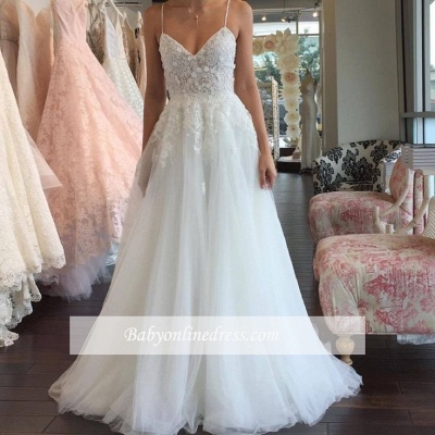 Sleeveless Lace Tulle Romantic Spaghetti-Strap A-line Wedding Dress_1