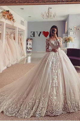 Elegant Long Sleeve Off The Shoulder Lace Ball Gown Floor Lengh Wedding ...