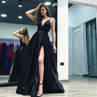 Elegant Black A-Line Prom Dresses | Spaghetti Straps Side-Slit Long Evening Dresses_3