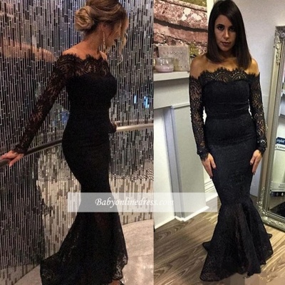 Black Elegant Lace Off-shoulder Prom Dresses | Cheap Long Evening Dresses_1