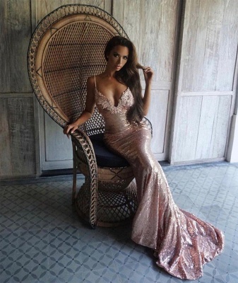 Shiny Sequins Mermaid Prom Dresses | Sexy Spaghetti Straps Lace Open Back Evening Dresses_5