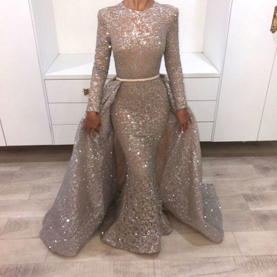 Brilliant Long Sleeves Sequins Evening Dresses | Mermaid Overskirt Popular Prom Dresses_5