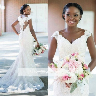 Elegant V-neck Sheath Sleeveless Long-Train Tulle Lace Sexy Wedding Dress_1