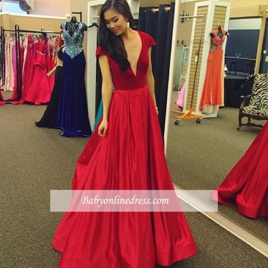 Sexy Red Cap-Sleeves A-Line Deep V-Neck Party Gowns Velvet Prom Dress_1