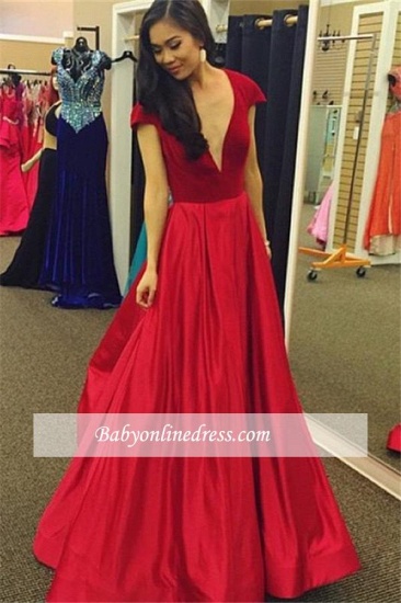 Sexy Red Cap-Sleeves A-Line Deep V-Neck Party Gowns Velvet Prom Dress_3