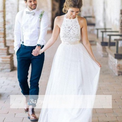 Floor Length Lace Halter A-line Sashes Simple White Wedding Dresses_1