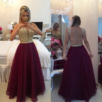 Gold Lace Applique Burgundy Prom Dresses Sheer Tulle Floor Length Graduation Dress_3