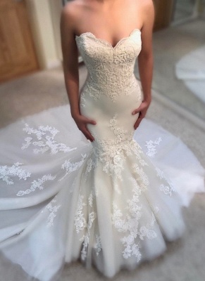 Elegant Summer Mermaid Wedding Dresses | Sweetheart Neck Appliques Sleeveless Bridal Gowns_1