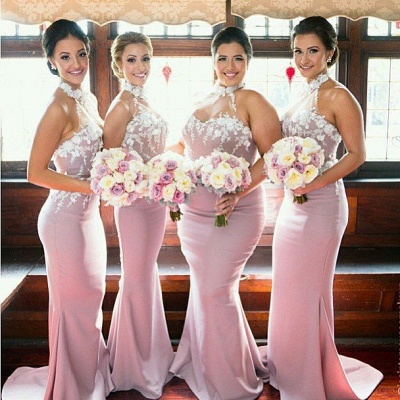 High Neck Mermaid Satin Bridesmaid Dresses with Handmade Flowers Maid of Honor Dresses_3