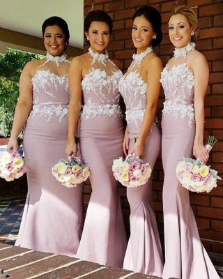 High Neck Mermaid Satin Bridesmaid Dresses with Handmade Flowers Maid of Honor Dresses_2