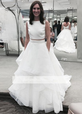 White Two Piece Jewel A-line Bridal Gowns Sleeveless Ruffles Wedding Dress_1