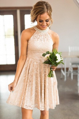 Nude Lace Short Bridesmaid Dresses | Pearls Halter Neck Maid of the Honor Dress_3