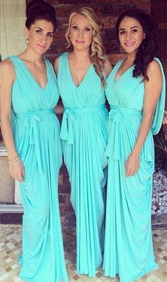 Simple V-Neck Sheath Bridesmaid Dress Chiffon Ruffles Open-Back Party Dress_2