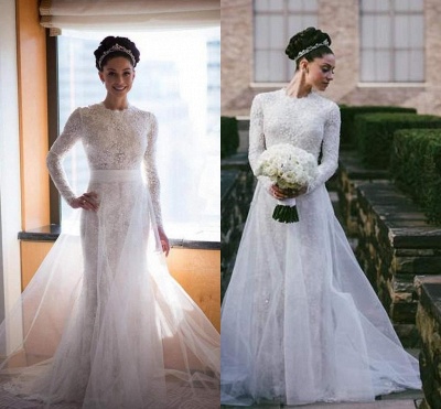 Lace Beaded Mermaid Wedding Dresses Long Sleeves with Overskirt Elegant Bridal Gowns_6