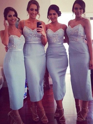 Elegant Sheath Bridesmaid Dresses | Spaghetti Straps Appliques Beaded Tea Length Prom Dresses_1