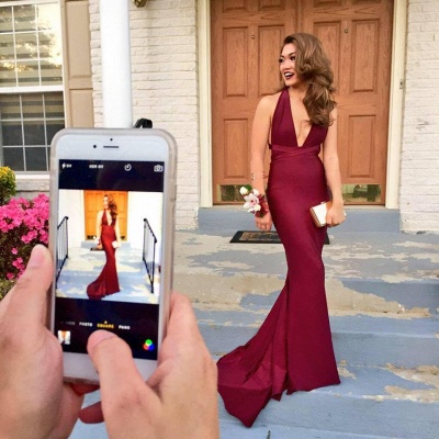 Burgundy Mermaid Prom Dresses Deep V-Neck Backless Evening Gowns_3