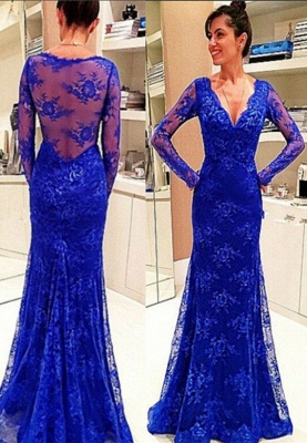 Elegant Long-Sleeve Royal-Blue Evening Gowns Lace Prom Dress_3