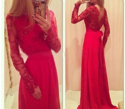 Red Long Prom Dresses Lace Beaded Long Sleeves with Bow Formal A-line Evening Gowns_3