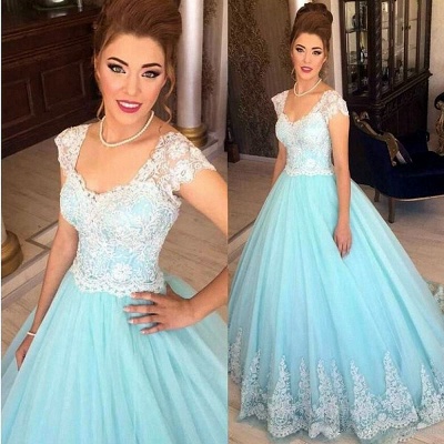 A-Line White Blue Lace Tulle Prom Dresses 2018 Floor Length Quinceanera Dresses_3