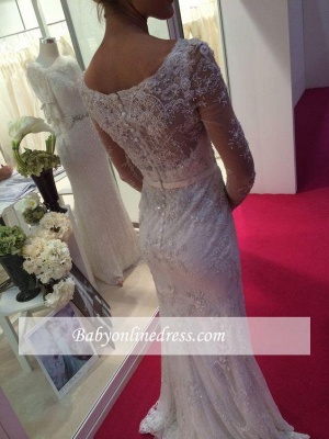 Elegant Long Sleeves Lace Crystal Appliques Mermaid Wedding Dress with Buttons_1