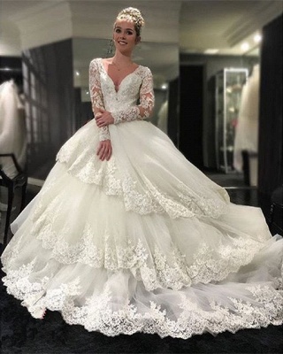 Delicate Three Layers Long Sleeves Ball-Gown Lace Appliques Wedding Dress_4