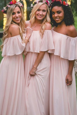 Off-the-Shoulder Chiffon Bridesmaid dress|Elegant Pink Wedding Guest Dresses_1