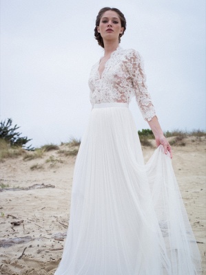 Modern Lace V-neck 3/4 sleeves Simple A-line Wedding Dresses_2