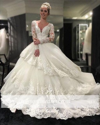 Delicate Three Layers Long Sleeves Ball-Gown Lace Appliques Wedding Dress_1